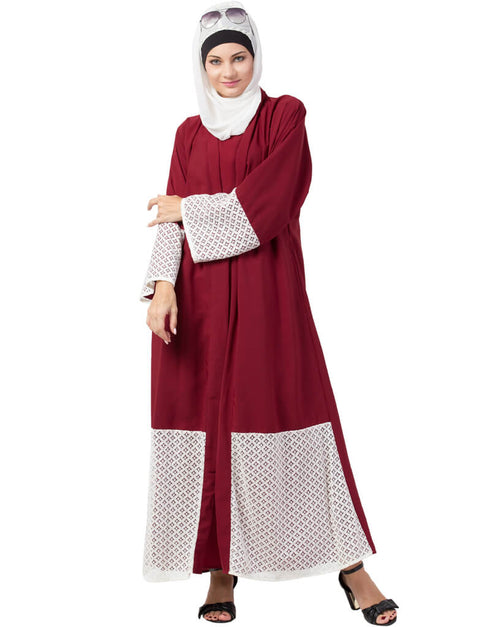 Women Bottom and Sleeve Embroidered Fabric With Extra Jacket at Front Abaya Maroon